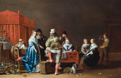 Interiér s devíti postavami kolem stolu (olej na desce) od Anthonie (1601-73) Palamedesz