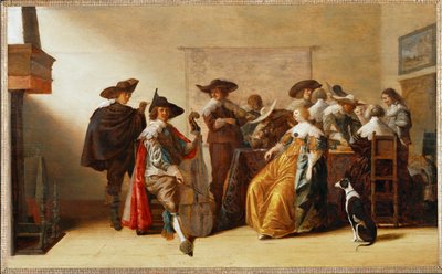 Společenská scéna (malba na dubovém dřevě) od Anthonie (1601-73) Palamedesz
