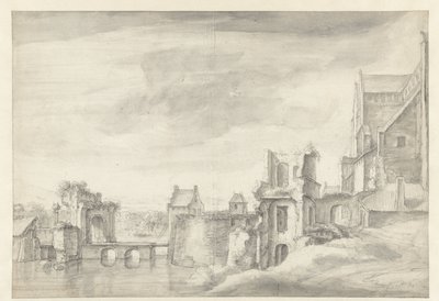 Pohled na ruiny na břehu řeky (St. Walburgkerk v Arnhemu?) od Anthonie Waterloo