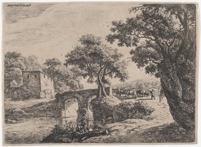 Stádo u kamenného mostu, 17. století. od Anthonie Waterloo