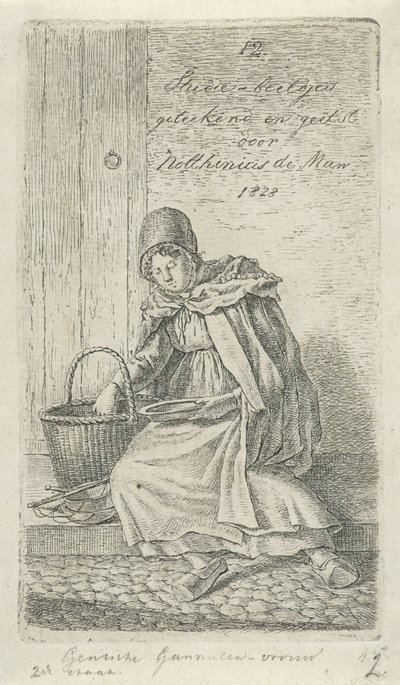 Sedící žena s košíkem a talířem Gentsche Shrimp woman (titul na předmětu) 12 studijních figurek (název série) od Anthonie Willem Hendrik Nolthenius de Man