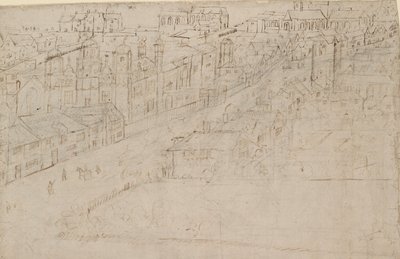 Panorama Londýna při pohledu ze Southwarku: Borough High Street se St Mary Overy, 1554 od Anthonis van den Wyngaerde