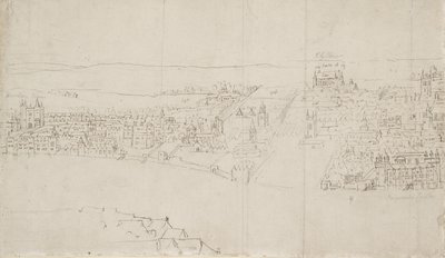 Panorama Londýna při pohledu ze Southwarku: Durham House k Barnards Castle (pero a inkoust přes černou křídu na papíře) od Anthonis van den Wyngaerde