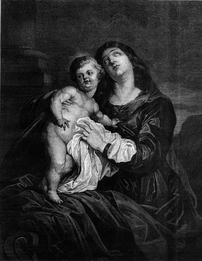 Panna a dítě Ježíš. Rytina podle obrazu Antona (Antoona nebo Anthonyho) van Dycka (1599-1641). Rytina v „“ Le Monde Illustré““ č. 1239 z 25. prosince 1880. od Anthony van (after) Dyck