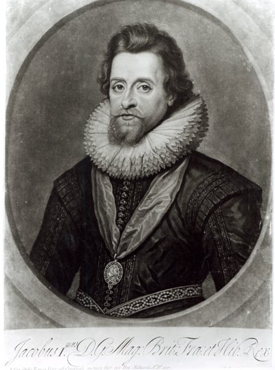 Portrét Jakuba I. (1566-1625) podle miniatury Nicholase Hilliarda (1547-1619) z roku 1617, vyrytý George Vertue (1684-1756) od Anthony van Dyck