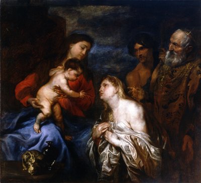 Španělština:  Panna a dítě se třemi kajícími se hříšníky, Marií Magdalenou, králem Davidem a marnotratným synem. od Anthony van Dyck