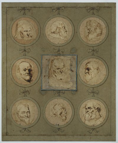 Sběrný list s devíti studiemi hlav v medailonech od Anthony van Dyck