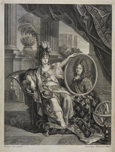 Ludvík XIV., francouzský král, ochránce věd - rytina Antoina Coypela Historie Královské akademie věd, rok 1703 od Antoine (after) Coypel