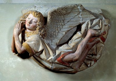 Reliéf Flying Angel v polychromovaném vápenci připisuje Antoinovi Moiturierovi (1425-1495) a je určen pro „Mise au tombeau nabízené Jaquotinem Ogierem a jeho ženou Pernette“. z Chapelles des Carmes v Semuru v Auxois. cca 1490 Slunce. 0,57x0,4 od Antoine (attr. to) Le Moiturier