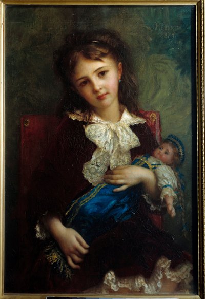 Obraz Portrét dítěte Catherine de Bouchage držící panenku v náručí od Ernesta Heberta (1817-1908) od Antoine Auguste Ernest Herbert or Hebert