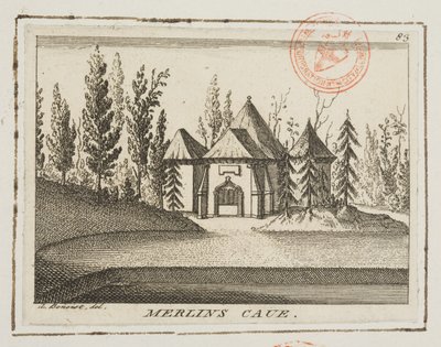 Pohled na Merlinovu jeskyni, Kew Gardens, ilustrace z knihy "Lysons