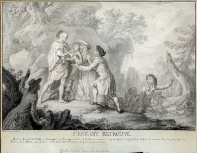 Dítě najde ilustraci „Dopisů amerického farmáře“ od Saint John de Crevecoeur. Litografie Antoina Borela (1743-1810) přibližně 1783. Blerancourt. Francouzské muzeum americké od Antoine Borel