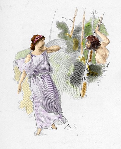 Odyssea Homérova: „“Nausicaa, dcera krále Alcinoose, vidí Odyssea nahého a hladovějícího, jak ji žádá o pomoc“ (Odysseus se vynoří z lesa zcela nahý, vyděsí služebníky Nausicay, dcery krále Alkinose, a požádá ji o pomoc) Il od Antoine Calbet