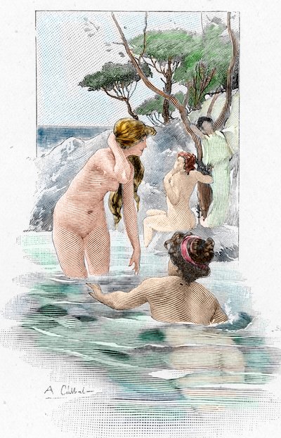 Odyssea Homérova: „Nausicaa, dcera krále Alkinose, a její služebnice, které si perou šaty v řece“ Ilustrace Antoine Calbeta (1860-1944) k „Odyssea“ řeckého básníka Homéra (Homérova Odyssea) 1897 Soukromá sbírka od Antoine Calbet