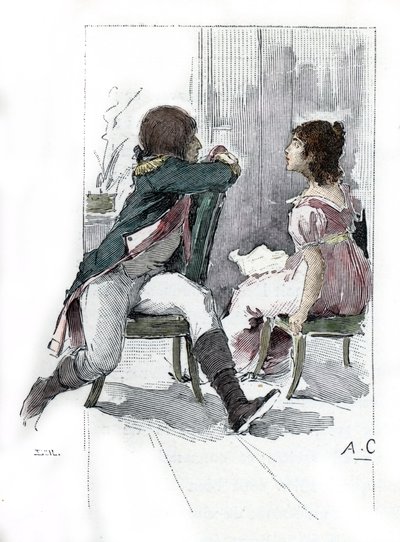 Portrét Napoleona Bonaparta (1769-1821) s jeho snoubenkou Desiree Clary (1777-1860) c. Duben 1795 (Portrét Desiree Clary v době jejího zasnoubení s Napoleonem Bonapartem, duben 1795) Kresba Antoina Calbeta čerpá z „Napoleon et les femmes“ od Antoine Calbet