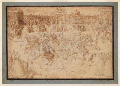 Jezdecká hra s jezdci soutěžícími mezi ohňostrojem, 1575-c.1580 od Antoine Caron