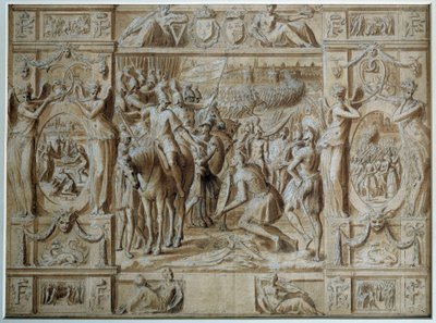 Podřízení Milána Vojska Francoise I. dobyla město Milán po vítězství v bitvě u Marignanu v roce 1515. Kresba perem a perem Antoine Caron (1521-1599) Paříž 16. století, muzeum Louvre od Antoine Caron