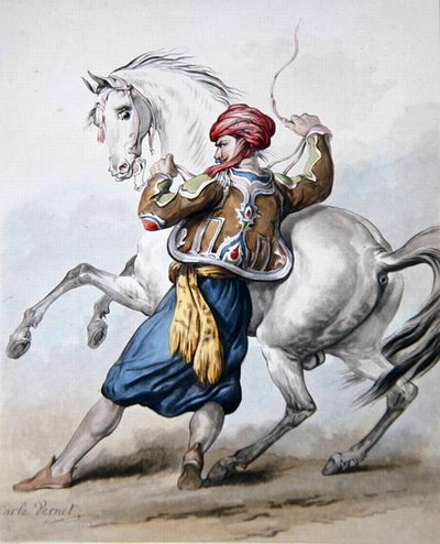Peršan se snaží překonat francouzského koně (litho) od Antoine Charles Horace Vernet