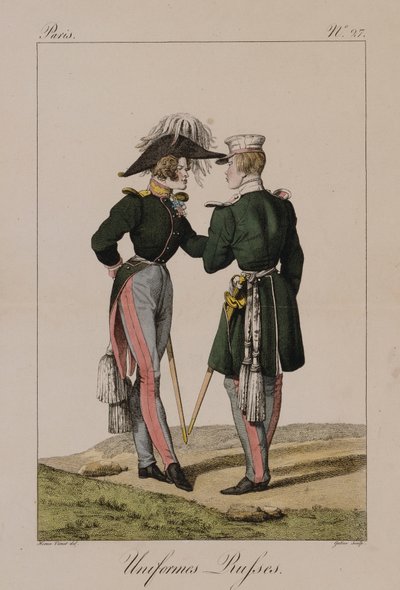 Ruské uniformy (ručně kolorovaná rytina) od Antoine Charles Horace Vernet