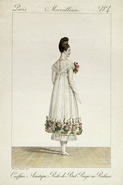 Dáma s asijským účesem v baletních šatech zdobených stuhami, 4. deska ze série módních desek "Incroyable et merveilleuse", vyryl Georges Jacques Gatine (1773-1831) vydáno 1 od Antoine Charles Horace Vernet