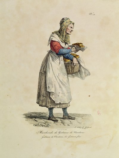 Prodejce dortů z Nanterre, číslo 10 ze série „Výkřiky Paříže“, vyryl Francois Seraphin Delpech (1778-1825) (barva litho) od Antoine Charles Horace Vernet