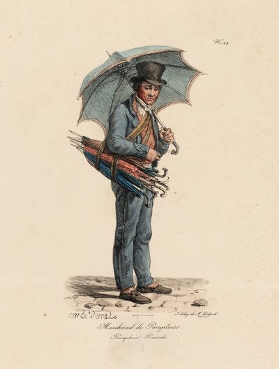 Prodejce deštníků a slunečníků, číslo 23 ze série The Cries of Paris, vyryl Francois Seraphin Delpech (1778-1825) od Antoine Charles Horace Vernet