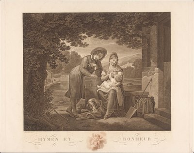 Mladá rodina se psem Hymen et Bonheur (název na objektu) od Antoine Claude François Villerey