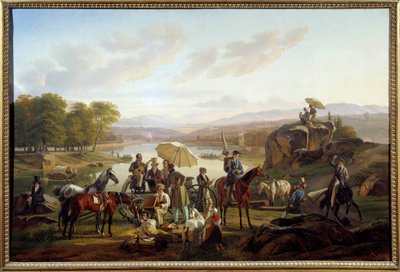 Zastávka lyonských umělců na Barbe Island v Lyonu Malíři a hudebníci odpočívají při projížďce na koni. Obraz Antoine Duclaux (1783-1868) 1824 Ne. 0,86x1,31 m Lyon, Musee des Beaux Arts od Antoine Duclaux