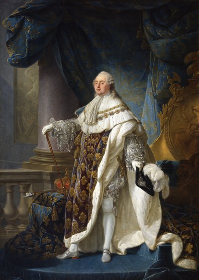 Francouzsky: Louis XVI, roi de France et de Navarre, revêtu du grand costume royal en 1779 Ludvík XVI, král Francie a Navarry, ve svém velkém královském kostýmu v roce 1779 od Antoine François Callet