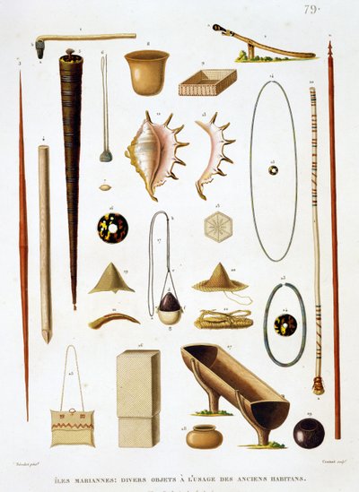 Domácí náčiní a zbraně z Mariánských ostrovů, z Cesty po světě (1817-20), Louis Claude Desaulses de Freycinet (1779-1842), vyryl Jean Louis Denis Coutant (1776-1831), s od Antoine Germain Bevalet
