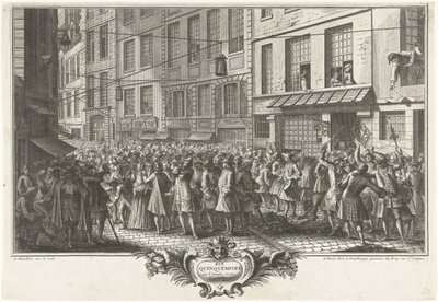Z Rue Quinquempoix, 1720 Rue Quinquempoix v roce 1720 (název na objektu) Het Groote Tafereel der Dwaasheid (název série) od Antoine Humblot