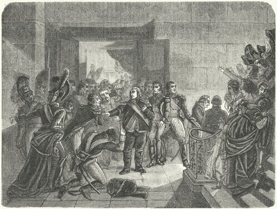 Ludvík XVIII opouštějící palác Tuileries poté, co se dozvěděl o Napoleonově návratu do Francie z Elby od Antoine Jean (after) Gros