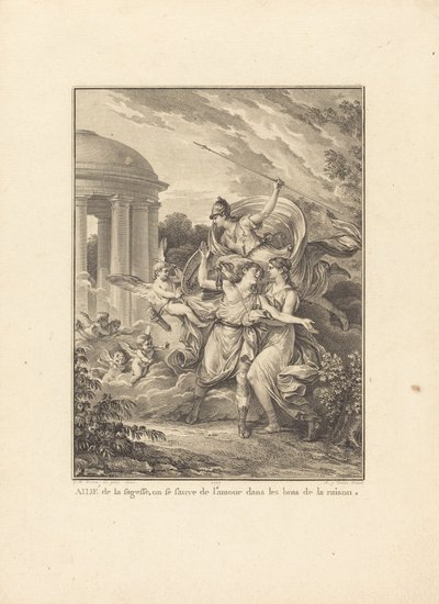 Frontispis: S pomocí moudrosti se zachraňujeme před láskou v náručí rozumu od Antoine Jean Duclos after Jean Michel Moreau