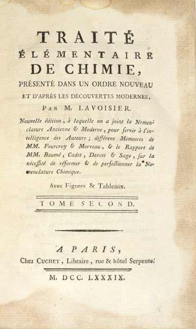 Titulní strana Traite Elementaire de Chimie, Tome II, vydaná v Paříži, 1789 (tisk) od Antoine Laurent de Lavoisier
