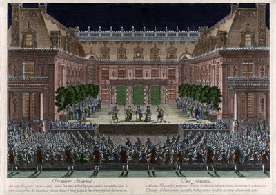 Reprezentace na mramorovém nádvoří zámku ve Versailles, d