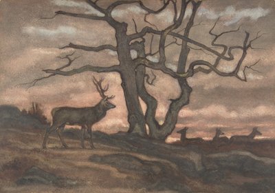 Jelen a strom proti západu slunce, 1810-75. od Antoine Louis Barye