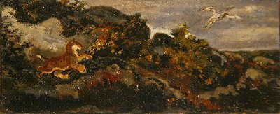 Panther Chasing a Stork (olej na papíře upevněný na masonitu) od Antoine Louis Barye