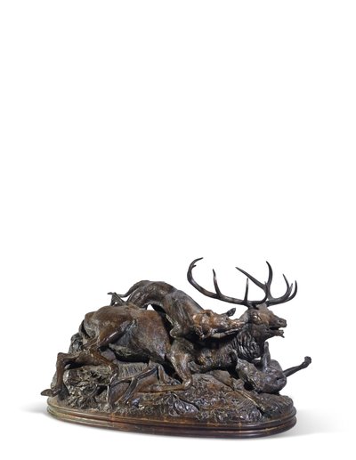 Desetihrotý jelen na podlaze dvěma skotskými chrty, kolem roku 1840 (bronz) od Antoine Louis Barye