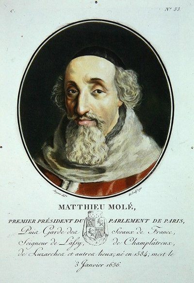Matthieu Mole, z „Portréty velkých mužů, slavných žen a nezapomenutelných předmětů Francie, ryté a tištěné barevně“, vydal Pierre Blin od Antoine Louis Francois (after) Sergent Marceau