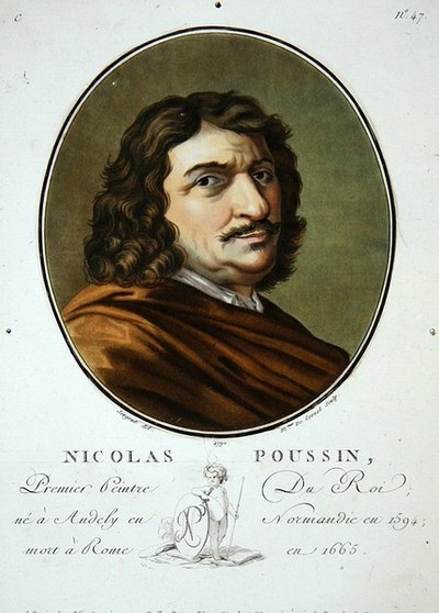 Nicolas Poussin, z „Portréty velkých mužů, slavných žen a nezapomenutelných předmětů Francie, ryté a tištěné barevně“, vydal Pierre Blin od Antoine Louis Francois (after) Sergent Marceau