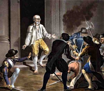 Smrt Gasparda de Coligny, vyryl Jean Baptiste Morret (fl.1790-1820) 1788 (barevná rytina) od Antoine Louis Francois (after) Sergent Marceau