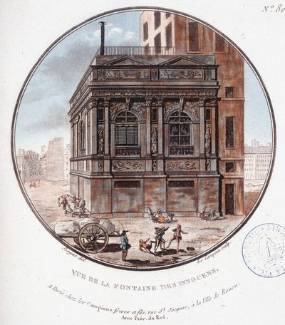 Pohled na fontánu nevinných. V malebných pohledech na hlavní budovy Paříže od seržanta od Antoine Louis Francois Sergent-Marceau