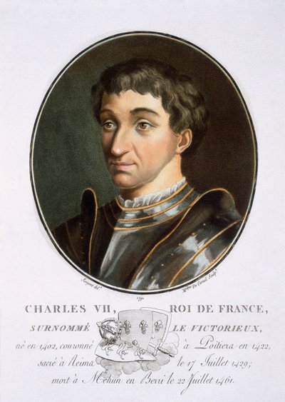 Karel VII., z Portréty velkých mužů, slavných žen a nezapomenutelných námětů Francie, ryté a tištěné barevně, vydal Pierre Blin, 1786-92, Paříž (barevná rytina) od Antoine Louis Francois Sergent Marceau