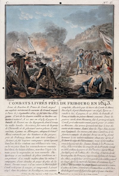 Boj u Freiburgu, 1643, ryl Jean Baptiste Morret (fl.1790-1820), 1787 (barevné lito) od Antoine Louis Francois Sergent-Marceau