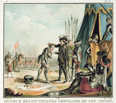 Henri II (1519-59) přijímá Jean de Tavanes jako rytíř do svého řádu, vyryl Roger, 1788 od Antoine Louis Francois Sergent Marceau
