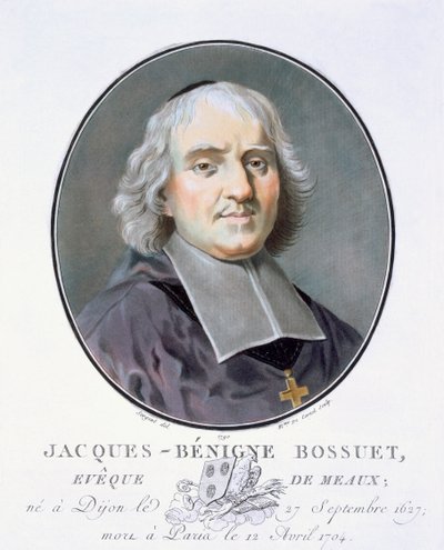 Jacques = Benigne Bossuet, z Portréty velkých mužů, slavných žen a památných námětů Francie, ryté a tištěné barevně, vydal Pierre Blin, 1786-92, Paříž (barevná rytina) od Antoine Louis Francois Sergent Marceau