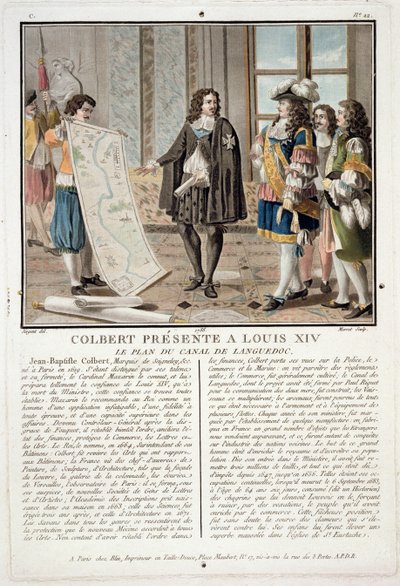 Jean Baptiste Colbert (1619-83) předkládá Ludvíku XIV. mapu kanálu Languedoc, vyryl Jean Baptiste Morret (fl.1790-1820), 1788. od Antoine Louis Francois Sergent Marceau