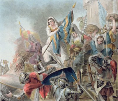 Jeanne Laisne zvyšuje standard proti mužům z Bourgogne, vyryl Morret (fl. 1790-1820) 1787 od Antoine Louis Francois Sergent Marceau