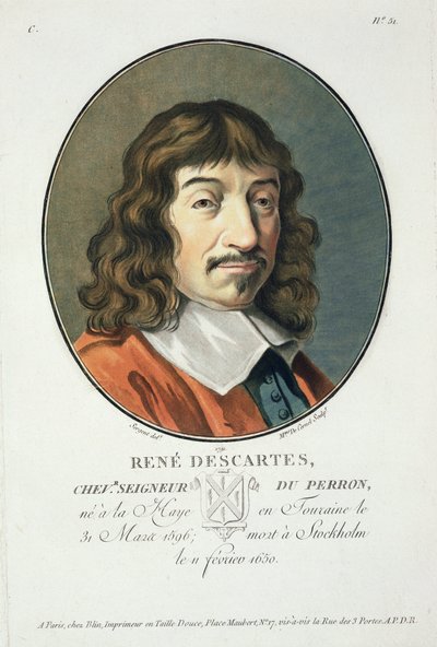 René Descartes, z knihy "Portraits des Grands Hommes, femmes illustres, et sujets memorables de France, grave et imprimes en couleurs", vydal Pierre Blin, 1786-92, Paříž. od Antoine Louis Francois Sergent Marceau