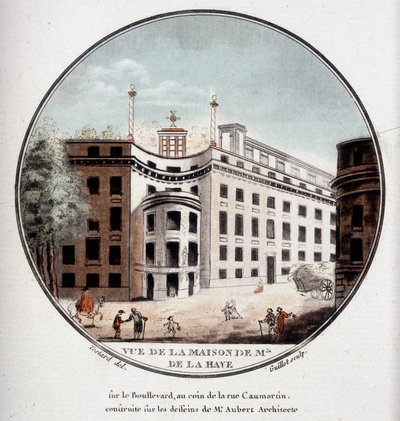 Pohled na dům pana de La Haye na rohu Rue Caumartin v Paříži, postavený podle výkresů architekta Auberta. V pittoreskních pohledech na hlavní budovy Paříže od seržanta od Antoine Louis Francois Sergent Marceau